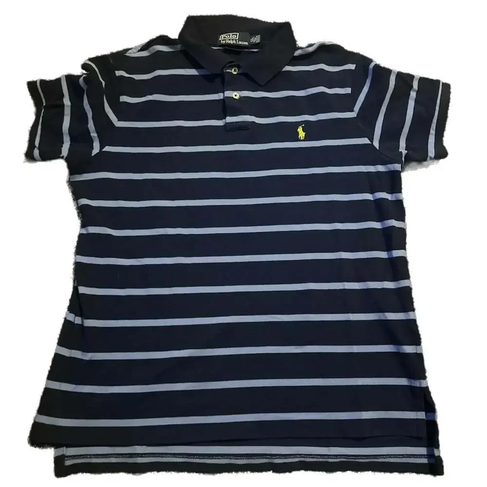 VTG Polo Ralph Lauren 80s Navy Striped Cotton Bloakcore Polo Shirt-XL